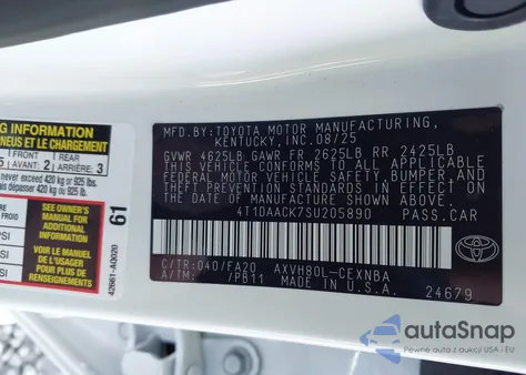 2025 Toyota Camry Le from USA, damaged, VIN 4T1DAACK7SU205890